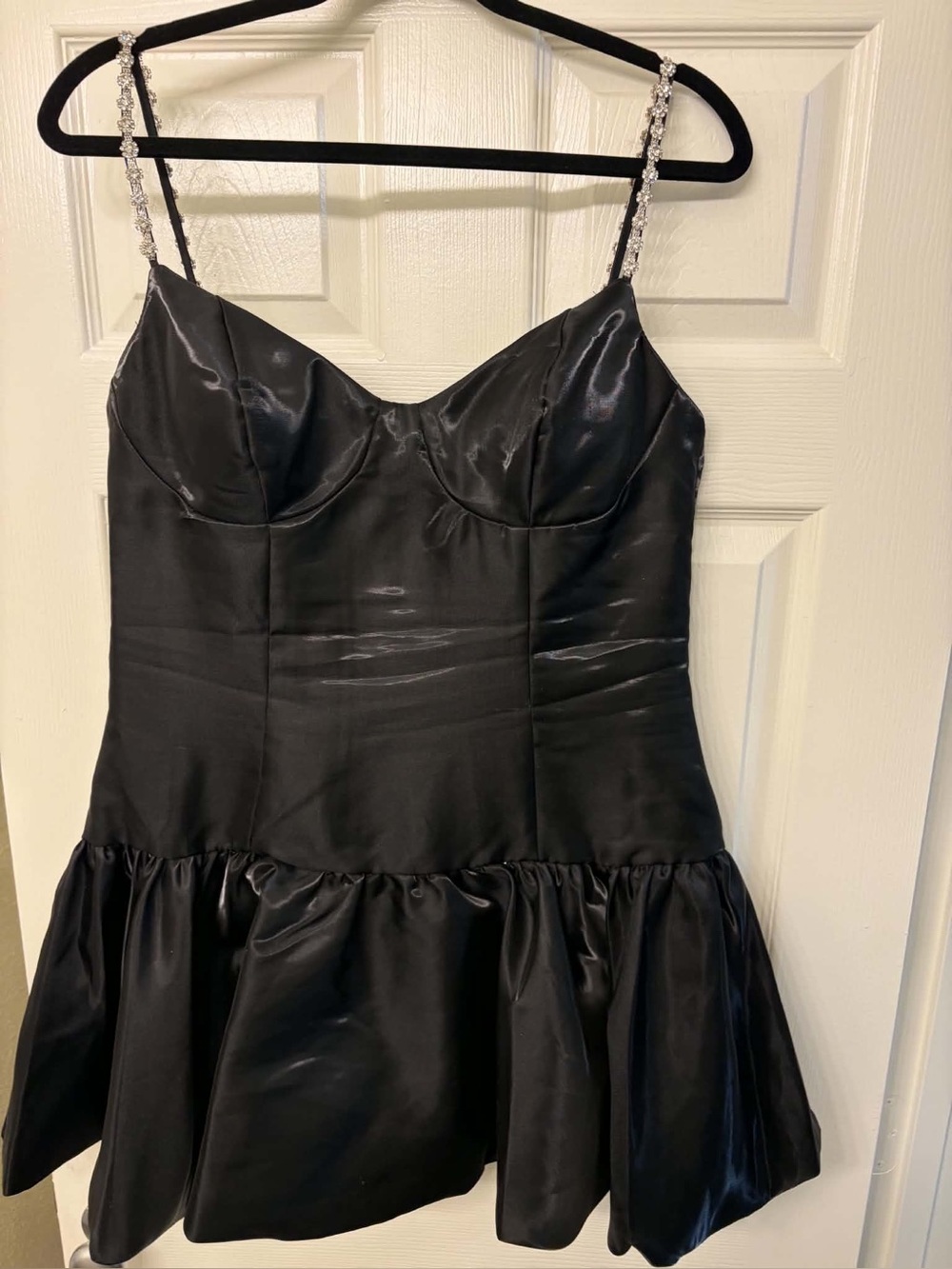 B Darlin Black Satin Mini Dress with Crystal Straps